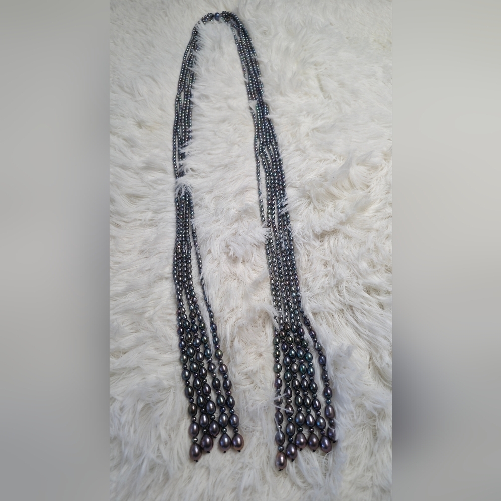 Vintage 10-Strand Peacock Freshwater Pearl Necklace 46” | Layered Statement Boho